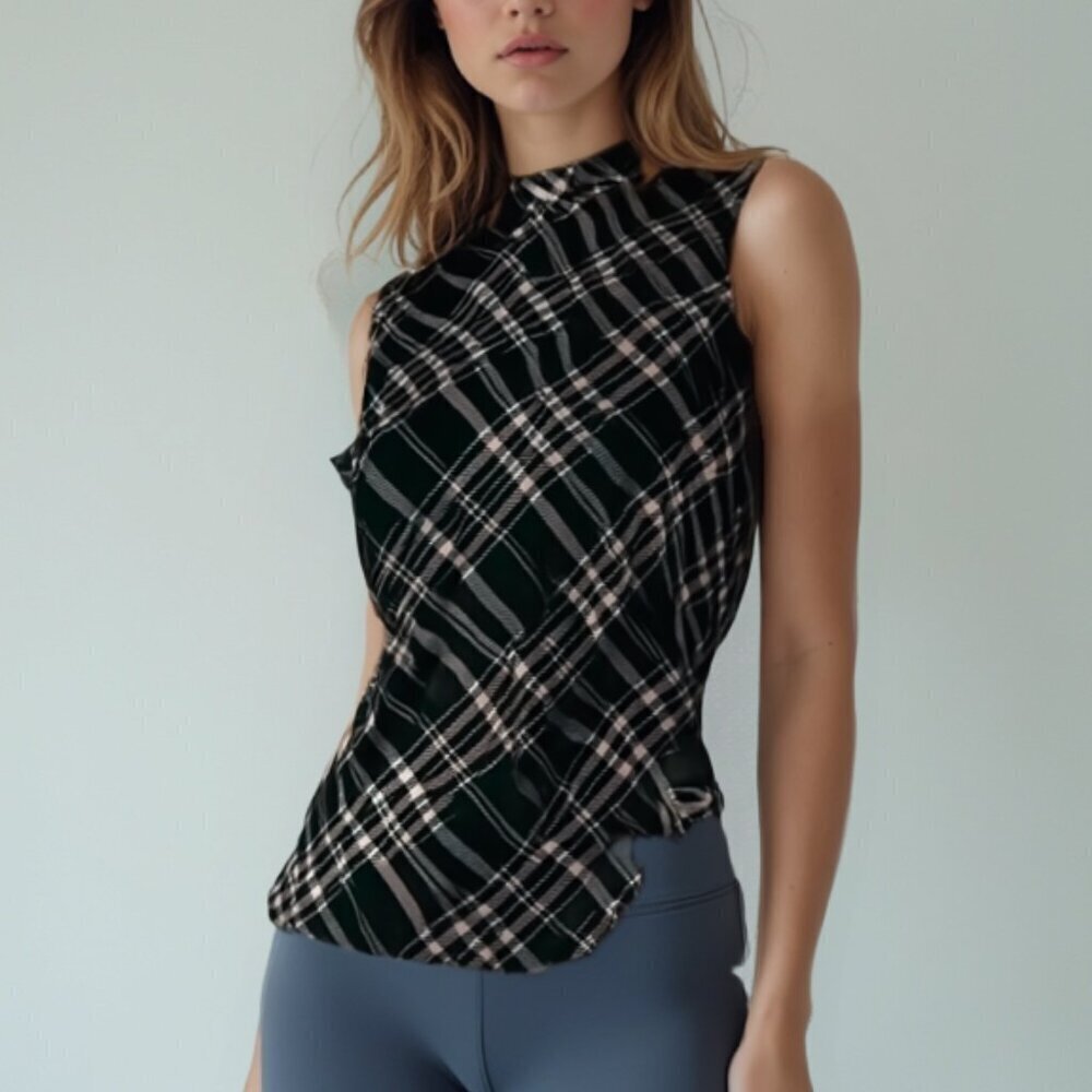 Ricki’s Sleeveless Plaid Blouse NWT Large Black White Checkered Mock Neck❤️